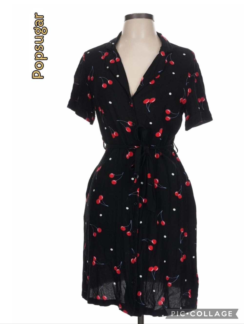 Popsugar black cherry-print v-neck tie-waist shirt dress side pockets belt